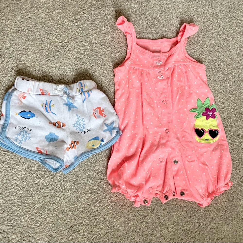 Bundle set of two tropical vacation baby girl items 9 months: romper and shorts